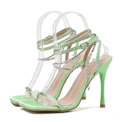 Crystal Chain Ankle Strap Sandals for Women, Square Toe High Heels