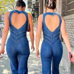 Backless Heart Cutout Denim Bodycon Jumpsuit for Women Casual Slim