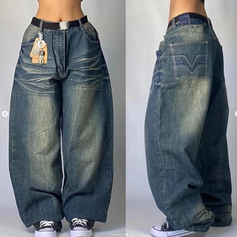 Jean droit taille haute baggy bleu délavé pour femme avec poches