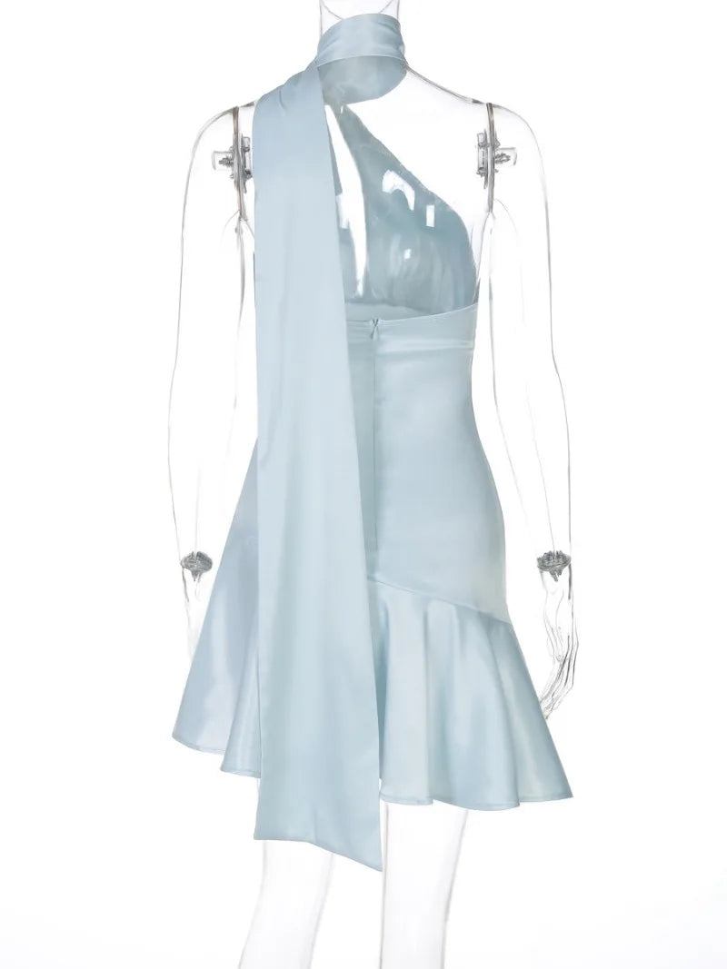 Women's Light Blue Satin Off-Shoulder Ruffle Evening Dress