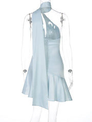 Women's Light Blue Satin Off-Shoulder Ruffle Evening Dress