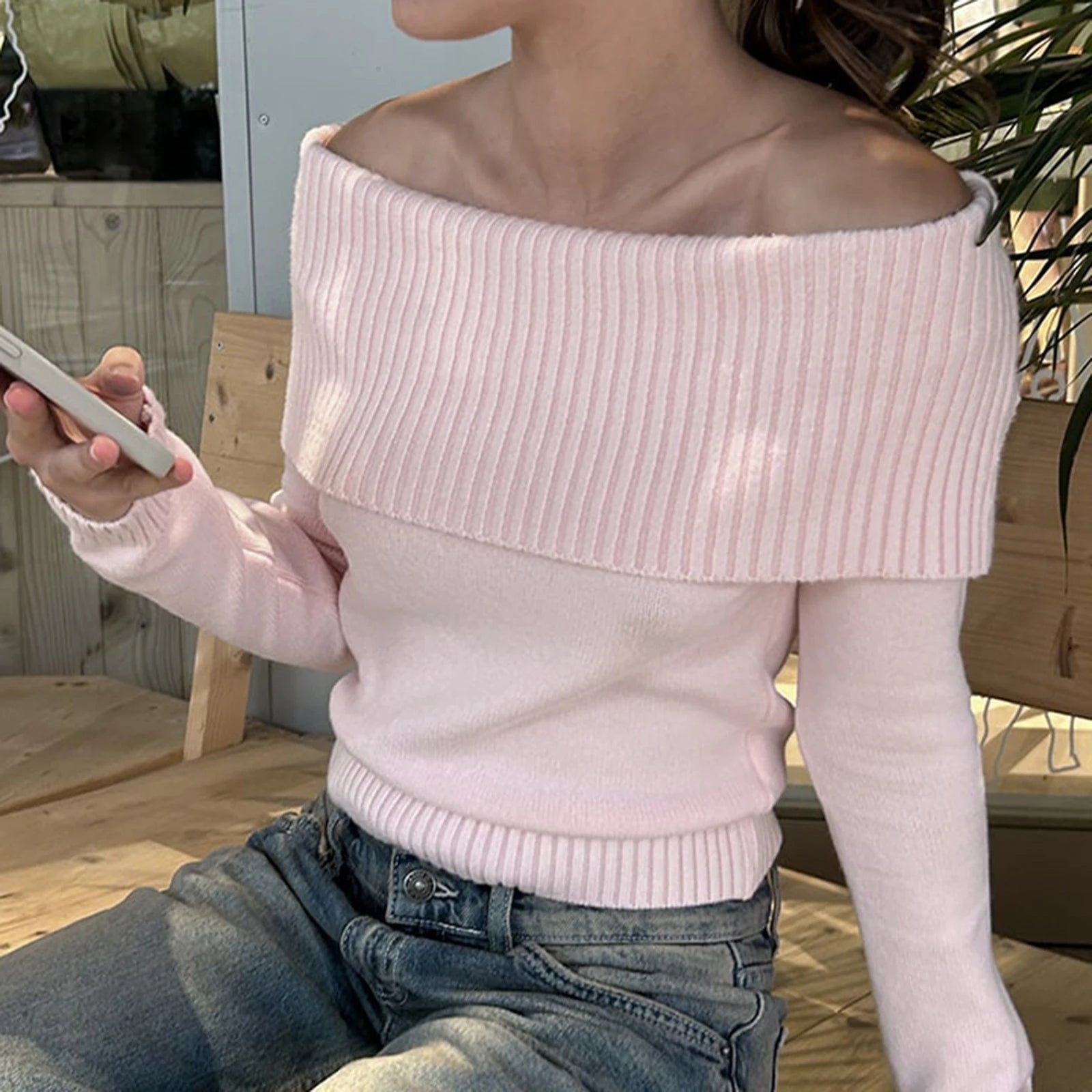 Women Off The Shoulder Knit Cropped Pullover Sweater Top