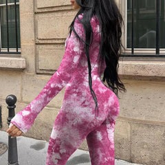 Combinaison côtelée tie-dye d'automne pour femme avec un design sportif à col rond 