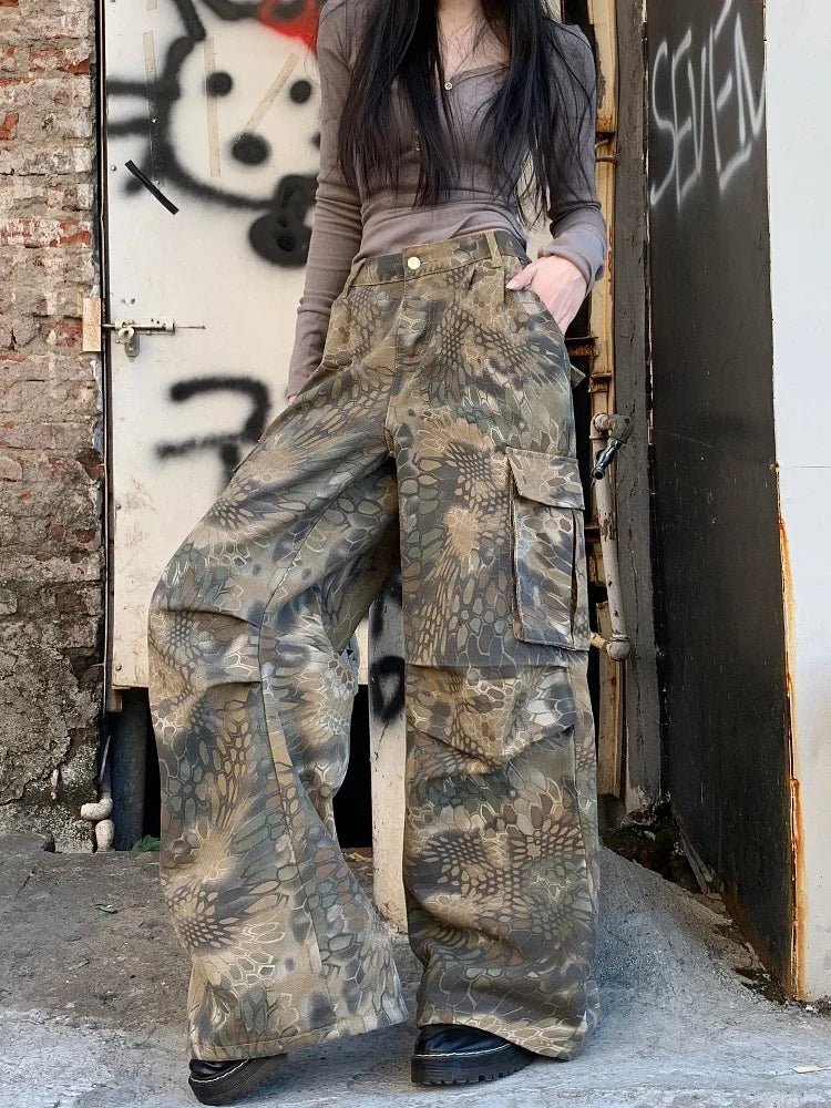 Pantalon ample camouflage à jambes larges pour femme – Pantalon cargo streetwear