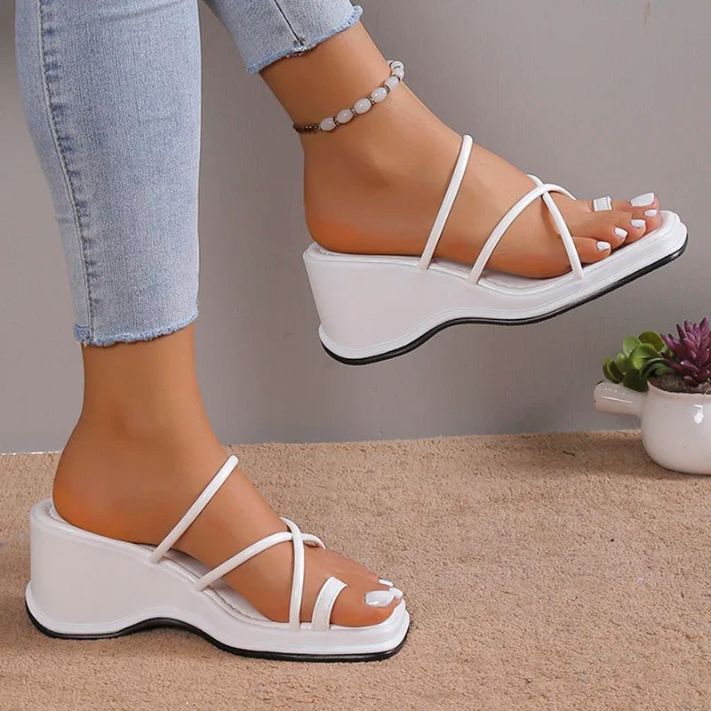 White PU Leather Wedge Sandals Women Cross Strap Gladiator Shoes