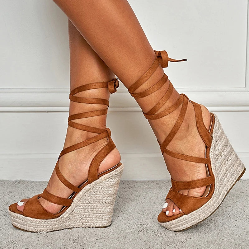 Women's Lace-Up Summer Wedge Sandals Peep Toe Straw High Heels