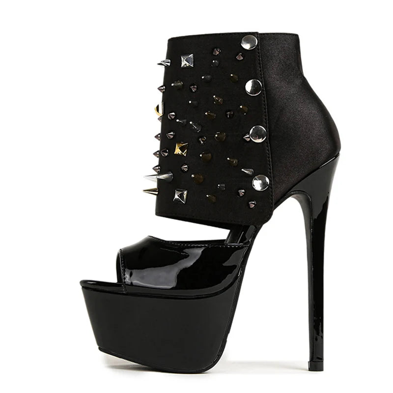 Women's Black Peep Toe Platform Boots with Snap Button and Rivets