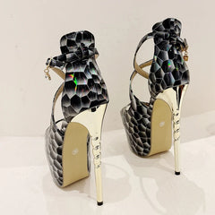 Women's Snake Print Peep Toe High Heels Platform Sandals