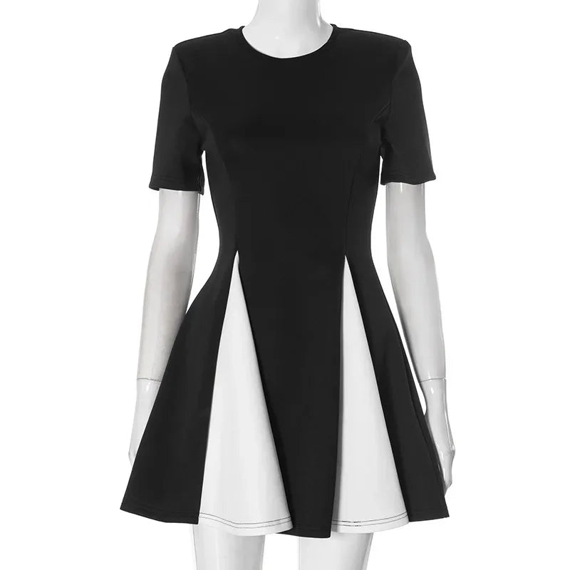 Elegant Black and White A-Line Dress with Flared Skirt Panels