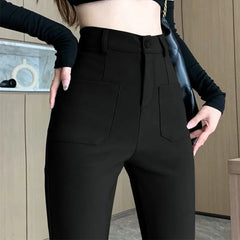 Coffee Colored High Waist Micro Flared Pants with Double Pockets