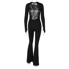 Women's Backless Solid Black Flare Pant Jumpsuit Romper