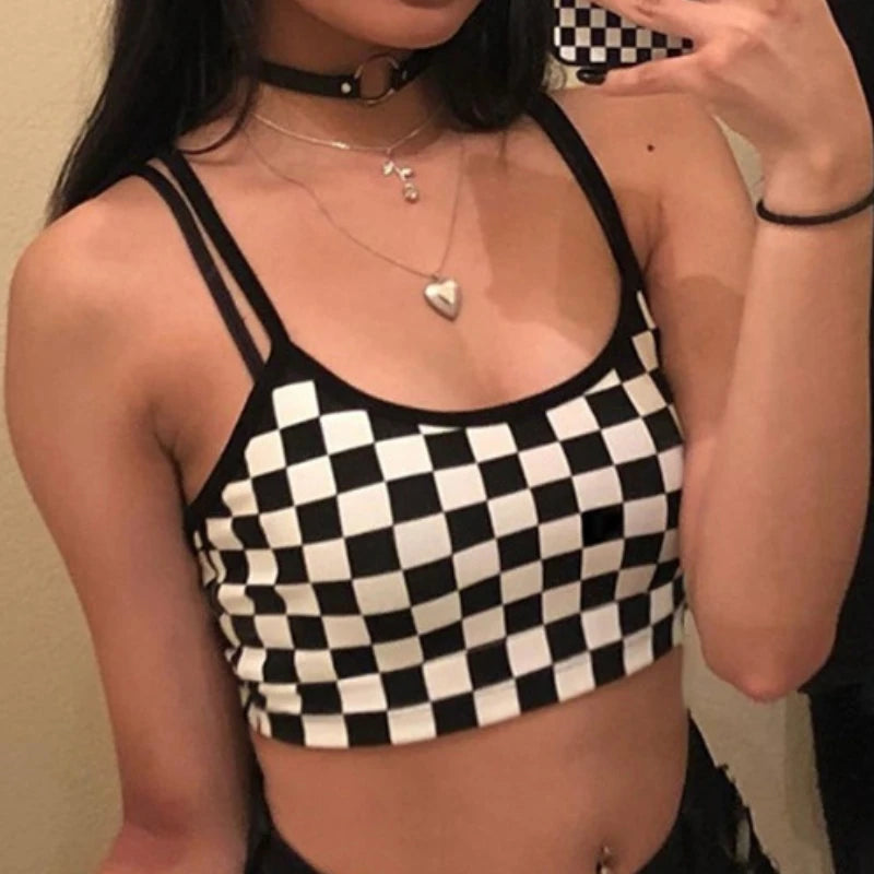 Black Red Plaid Checkerboard Halter Crop Top for Women