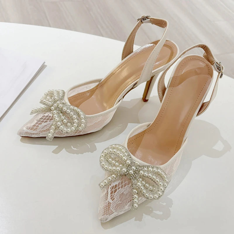 White Pearl Bowknot Mesh Pointed Toe Slingback Heels for Women