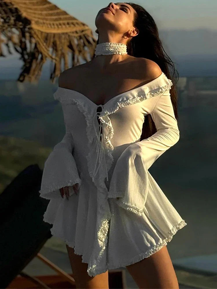 Off-Shoulder Ruffled Dress with Bell Sleeves