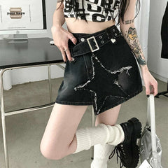 Women's Black Gothic A-line Denim Star Mini Skirt Harajuku Style