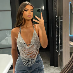 Deep V Neck Backless Metal Chain Tassel Tank