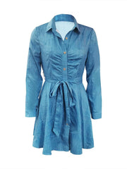 LW Casual Long Sleeve Pleated A-Line Midi Shirt Dress for Women