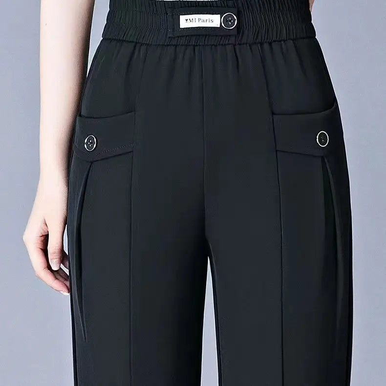 Pantalon Harlen élastique taille haute coréen pour femme avec poches