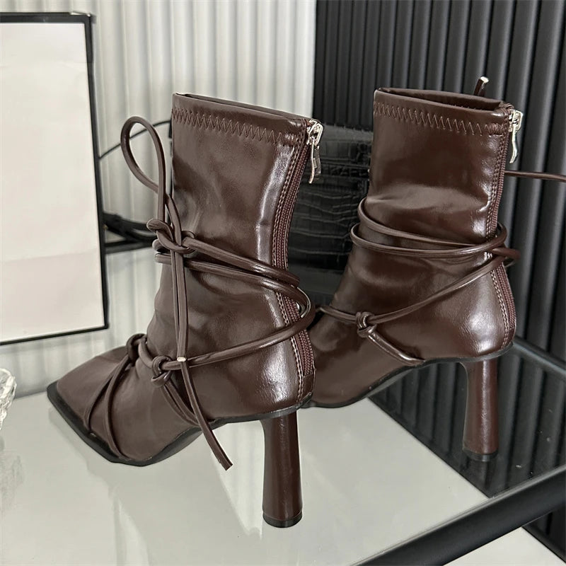 Women's Black Cross-Strap Ankle Boots Punk Style High Heels