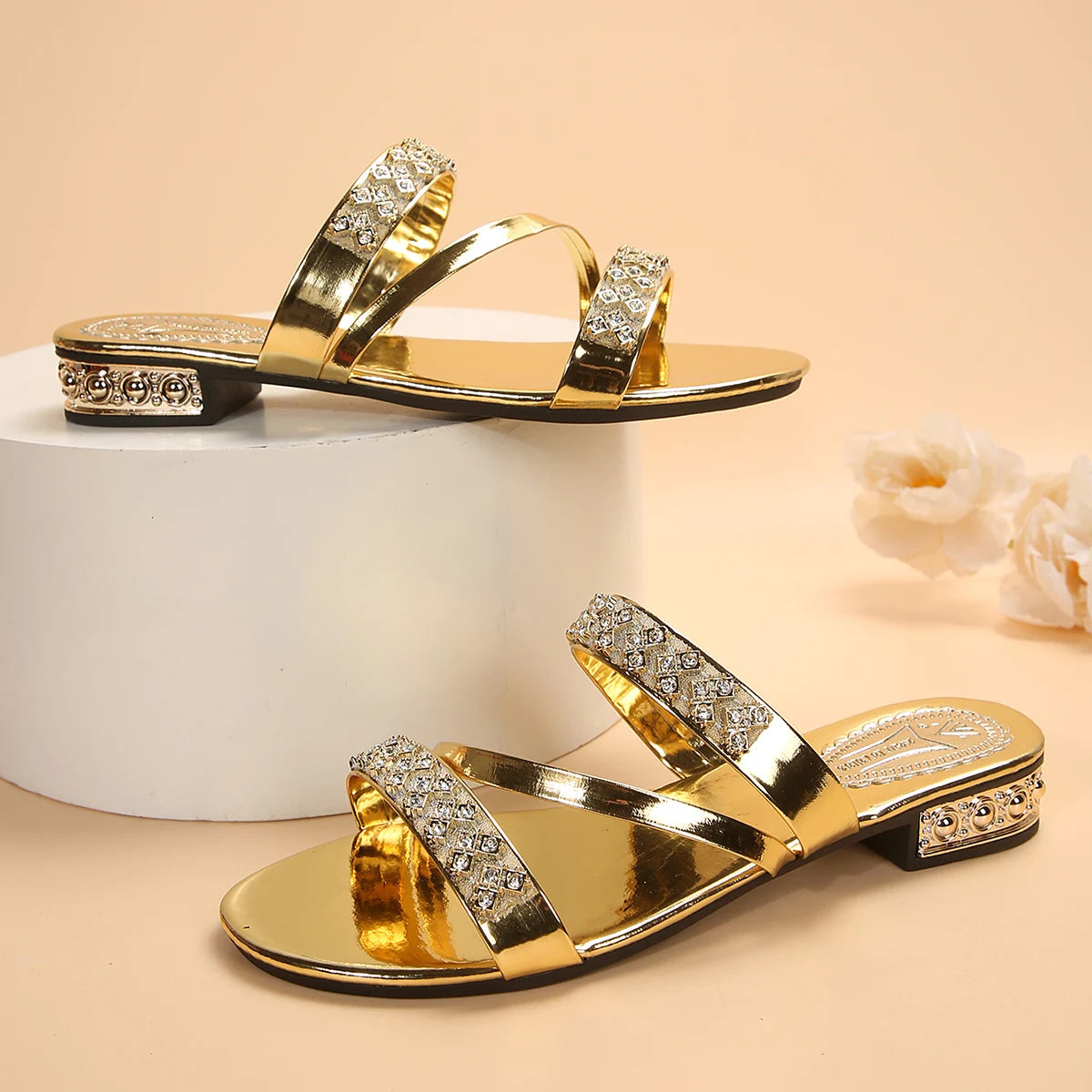 Women's Transparent Belt Snake Pattern Square Head Flat Slippers