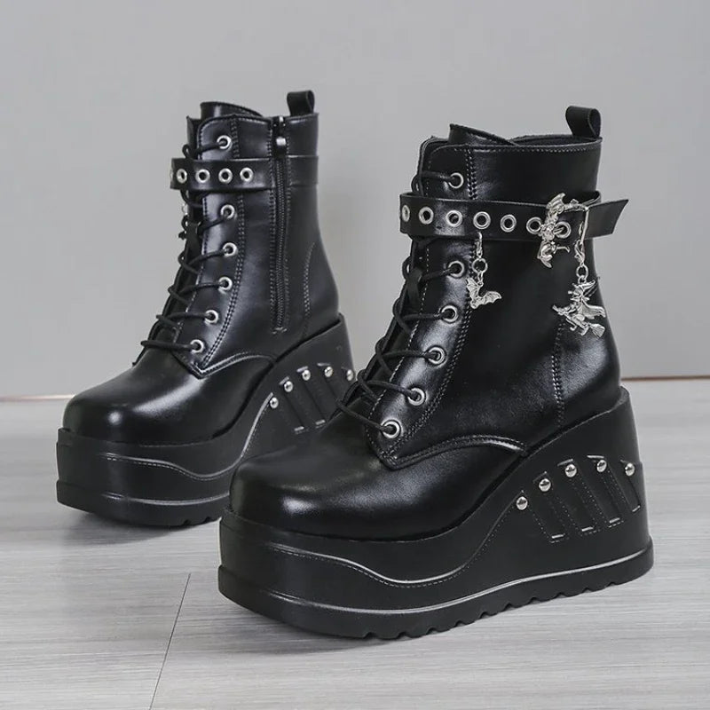 Women's Black Punk Goth Platform Wedge Boots Casual Heels