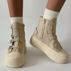 Women's High-Top Platform Canvas Boots – Buckle & Zipper Casual Sneakers