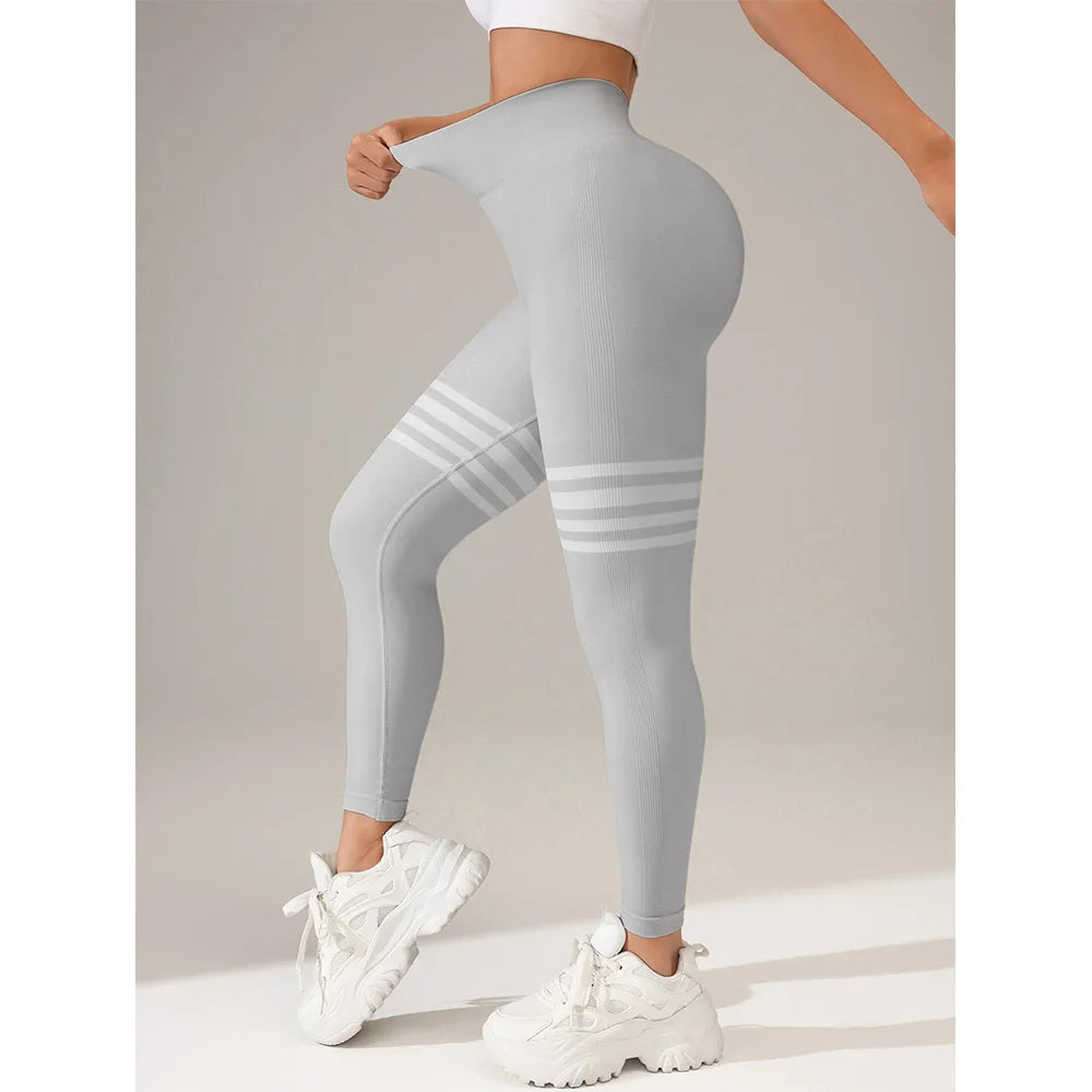 Women Seamless Stripe High Waist Yoga Leggings with Tummy Control