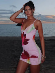 Floral Print Pink Strap Dress - Chic Sleeveless Bodycon Mini Style