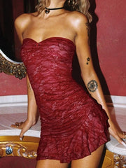 Wine Red Strapless Ruffled Lace Mini Dress for Evening Parties