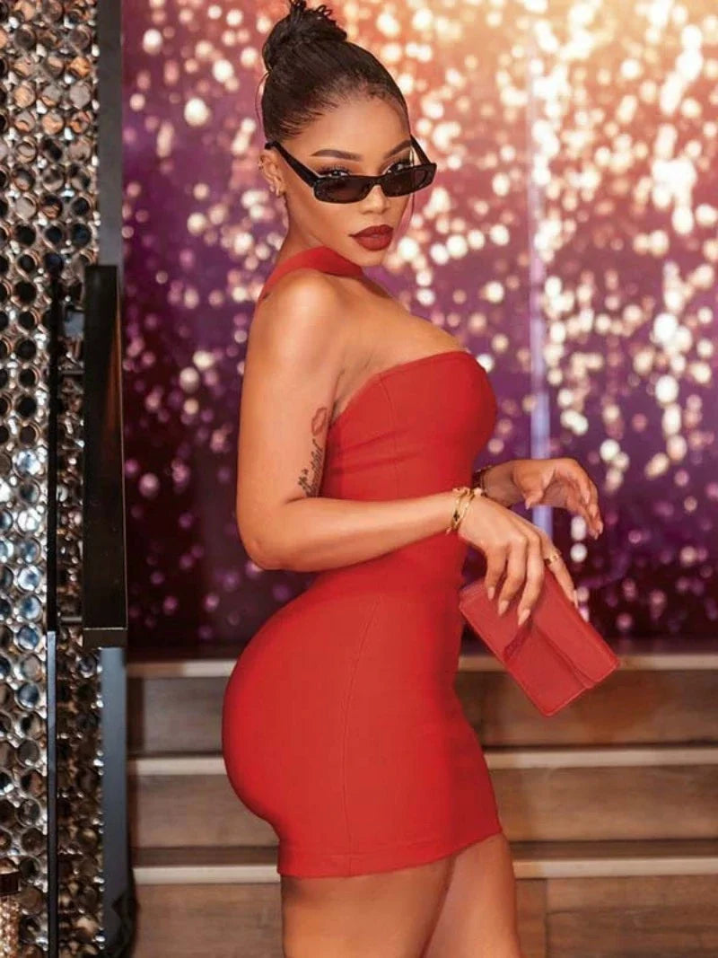 Women's Red Halter Wrap Dress with Hollow Out Detail for Parties