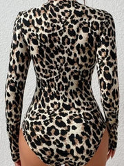 Women's Leopard Print Long Sleeve Bodysuit with Stand Collar