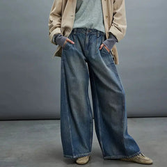 Women's Vintage Denim Washed Baggy Jeans with Pleated Pockets