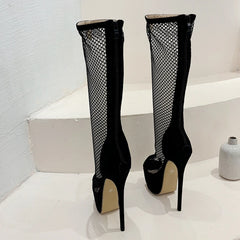 Women's Gold Peep Toe Platform Knee High Dance Boots with Mesh