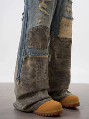 Men's Ripped Stacked Baggy Jeans – Camouflage Patchwork Wide-Leg Pants