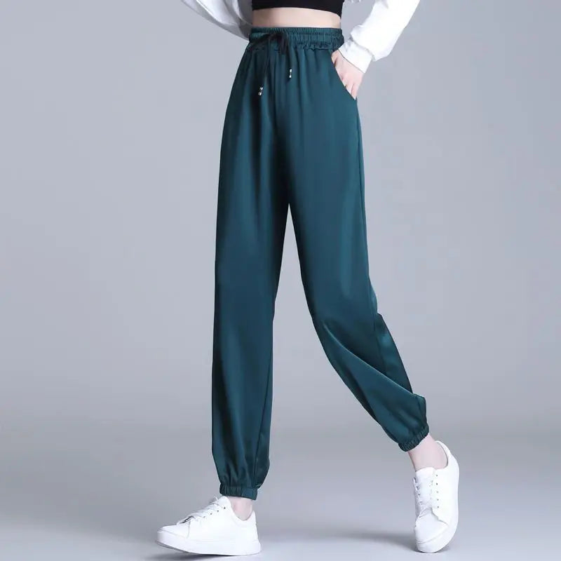 Ice Silk Satin Loose Sports Pants for Women with Pockets and Drawstring