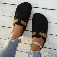 Women's Plush Fur Mules Slides with Buckle for Indoor Comfort