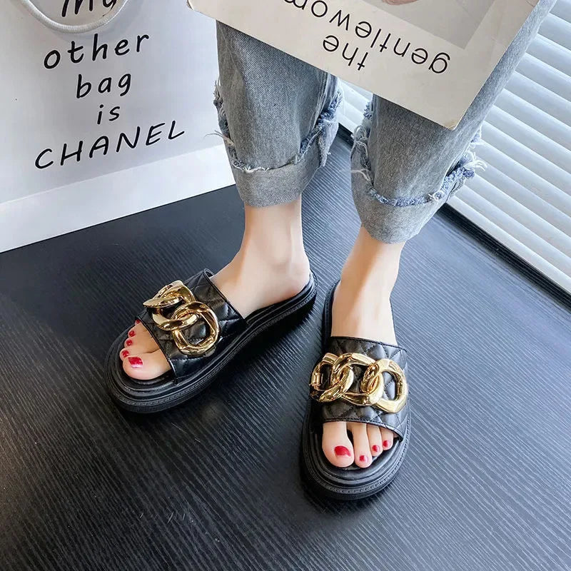 Women's Summer Casual Thick Bottom Slippers with Metal Buckle