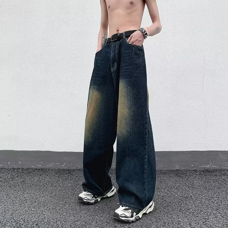 Blue Baggy Jeans – Korean High Street Stoned Wash Wide-Leg Pants