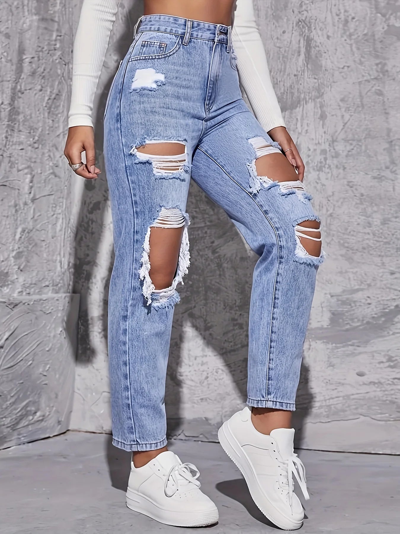 Jean slim ample taille haute à trous style rétro américain pour femme 