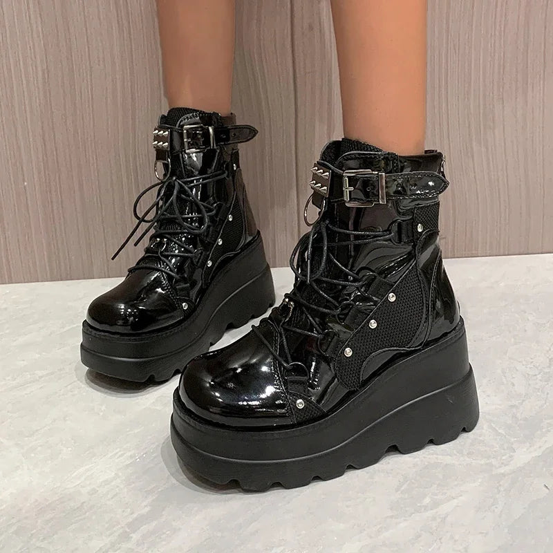 Women's Black Ankle Boots Platform Wedges High Heels Cosplay Shoes