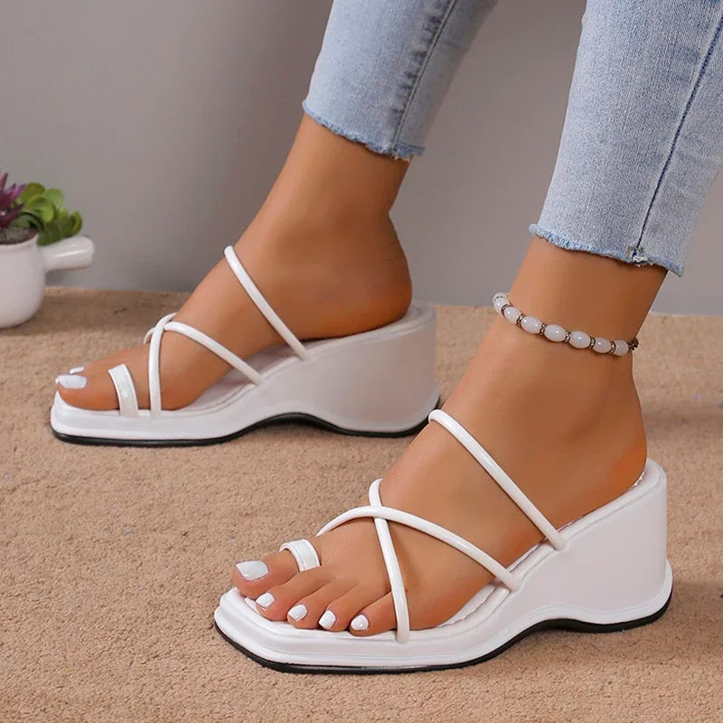 White PU Leather Wedge Sandals Women Cross Strap Gladiator Shoes