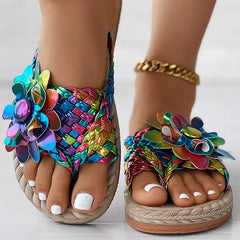 Women's Holographic Floral Braided Flat Beach Flip Flops