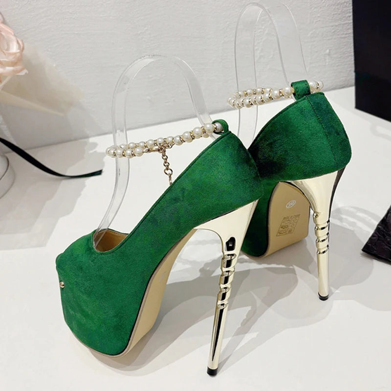 Green Peep Toe Ankle Strap High Heels for Women