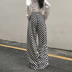 Women's Black White Plaid Elastic Waist Summer Casual Pants