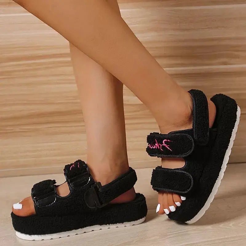 Fur Platform Sandals for Women Casual Beach Open-Toe Slides