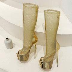 Women's Gold Peep Toe Platform Knee High Dance Boots with Mesh