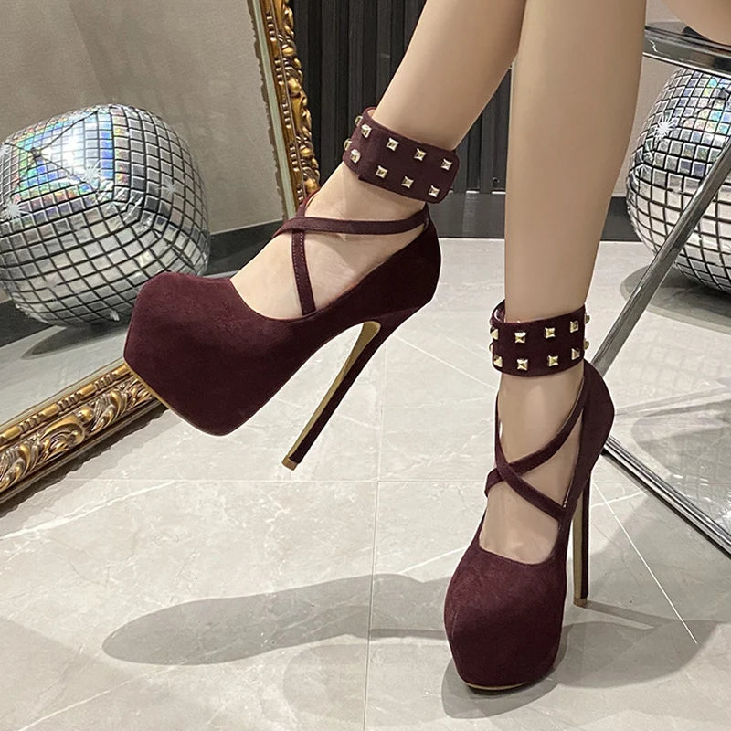 Solid Black Round Toe Metal Rivet Ankle Strap High Heels for Women