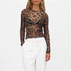 Women's Sheer Leopard Print Long Sleeve Mesh Top for Going Out