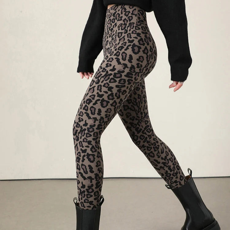 Leggings taille haute en velours chaud motif léopard et peau de requin pour femme