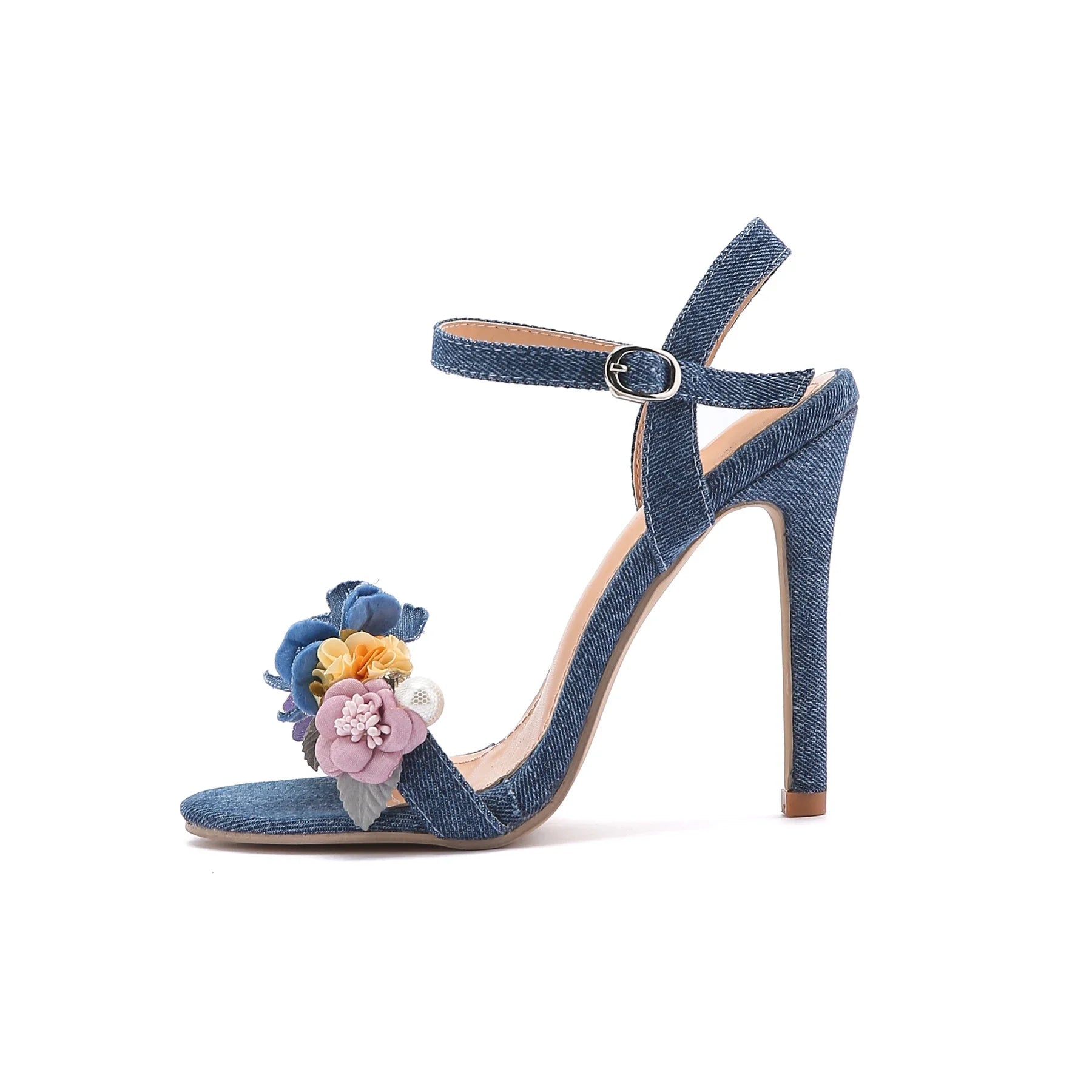 Women's Blue Pearl Flower Denim High Heel Sandals for Parties